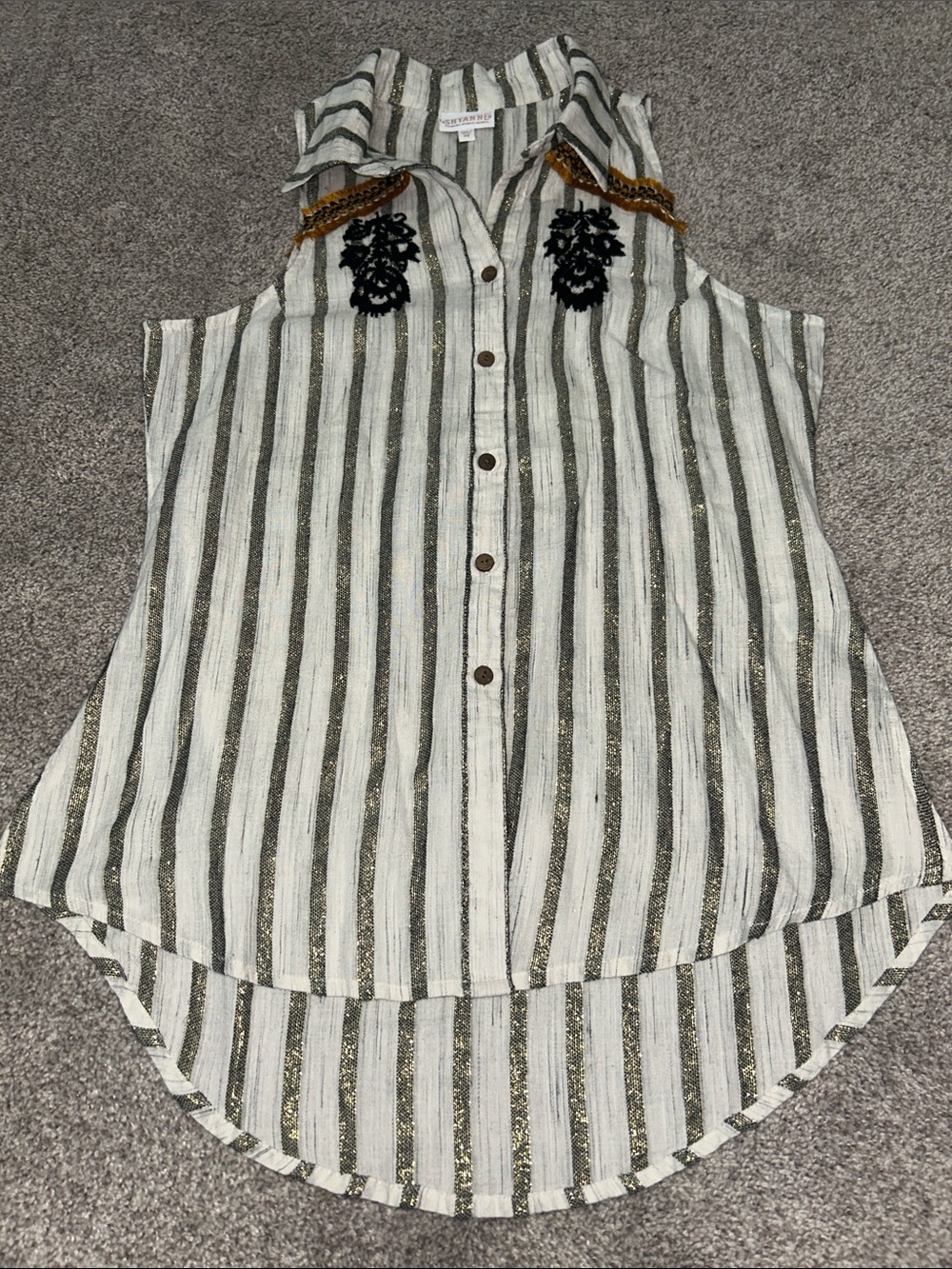 Shyanne White & Olive Striped Sleeveless Button-Down Top with Black Embroidery